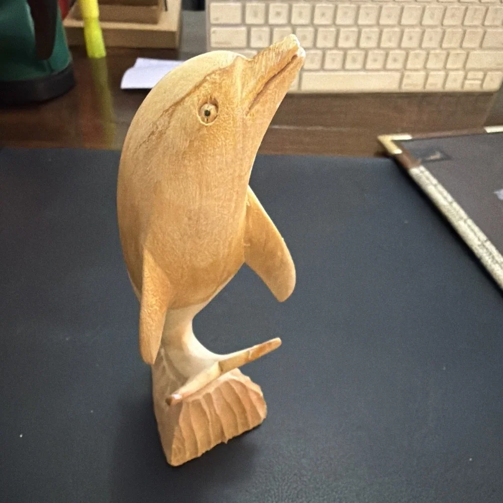 Vintage Hand Carved Wooden Dolphin Figurine On Base 6